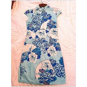 HS Blue Floral High Necked Qipao Oriental Dress